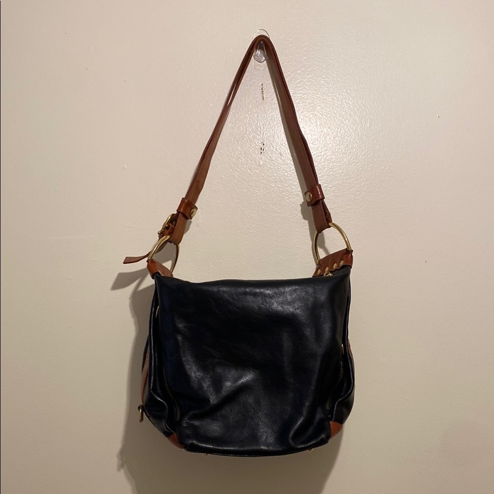 Marino Orlandi Black Leather Shoulder Bag with Tan Straps